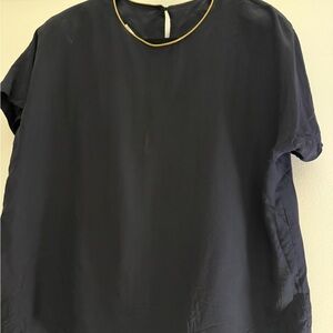 SK & Company 100% Silk Black Blouse Size 16 Gold Trim Minimal Top